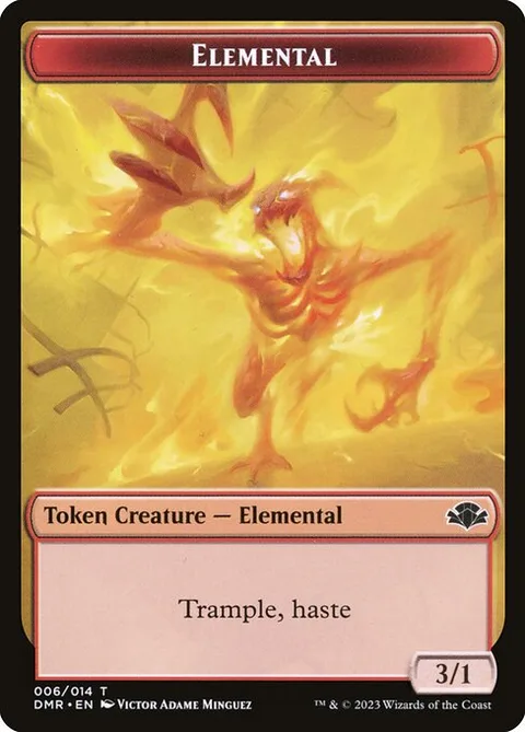 Elemental Token (R 3/1 Trample, haste) // Insect Token (G 1/1)