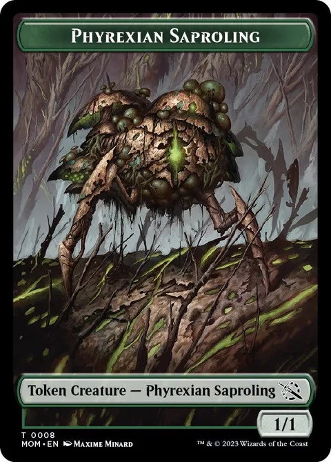 Phyrexian Saproling Token (G 1/1) // Warrior Token (RW 3/2)