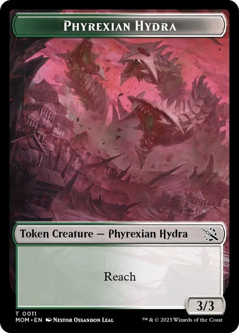 Phyrexian Hydra Token (GW 3/3 Reach) // Elemental Token (R 3/1 Trample, haste)