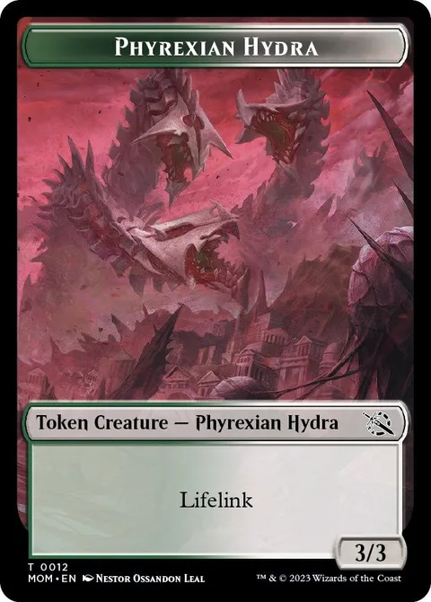 Phyrexian Hydra Token (GW 3/3 Lifelink) // Elemental Token (R 3/1 Trample, haste)